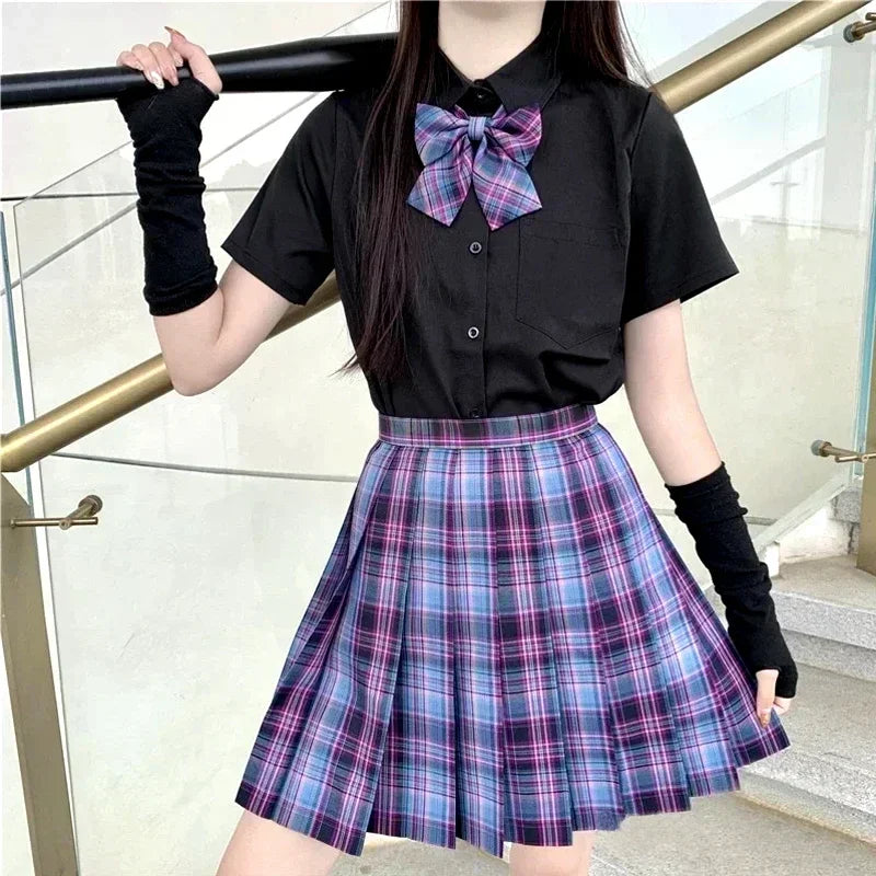 Japanese Uniform Korean School JK Uniform Shirt Plaid Skirt Set South Korea Students Short Sleeve Pleated Skirt Set Girl Seifuku