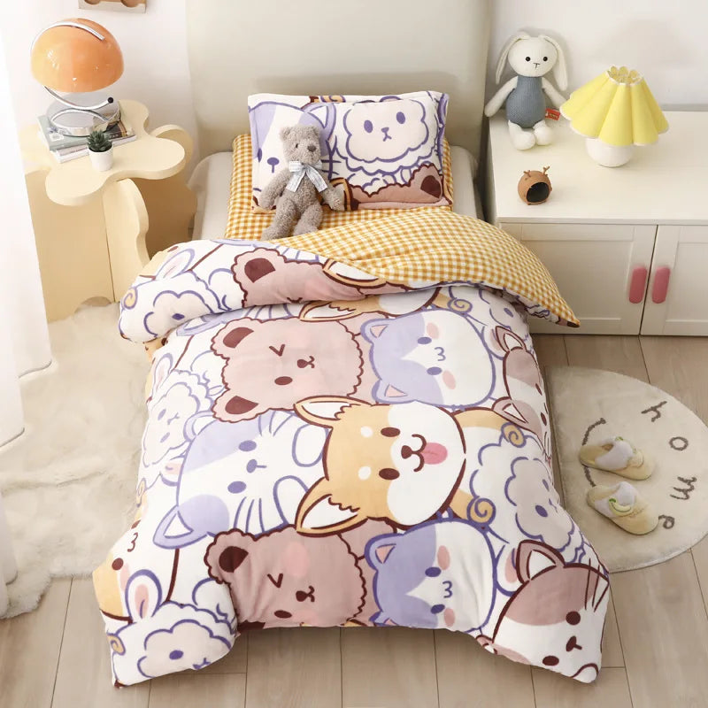 Baby Cartoon Print Bedding Set Duvet Covers Pillowcases Set Autumn Winter Warm Suede Bedclothes Bed Linen CP29