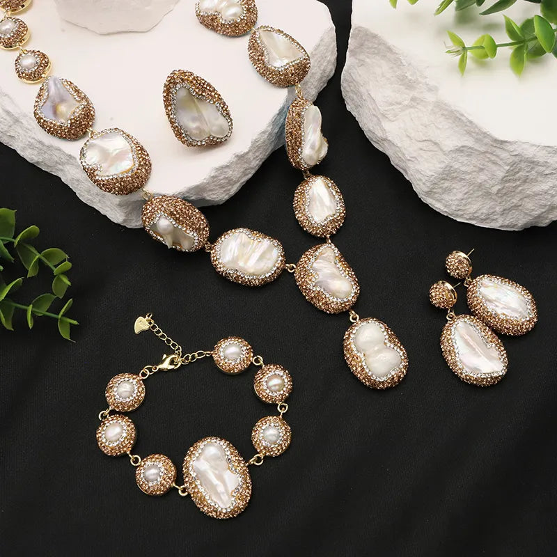 GLSEEVO Natural Baroque Shaped Pearl Women Jewelry Necklace Bracelet Earring Ring Set Rhinestone Inlaid Luxury Dress Jewelry