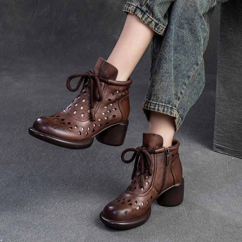 Fashion Women Thick High Heel Ankle Boots Summer Hollow Breathable Shoes Ladies Genuine Leather zipper Cool Short Boots