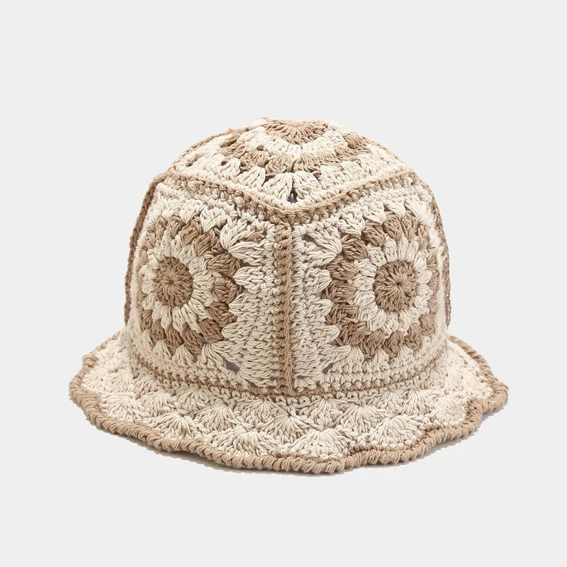 Korean Hand knit Crochet Bucket Hats Spring Summer Soft Straw Sun Hat Women Bucket Hats Plaid Designer Bob Fisherman Cap