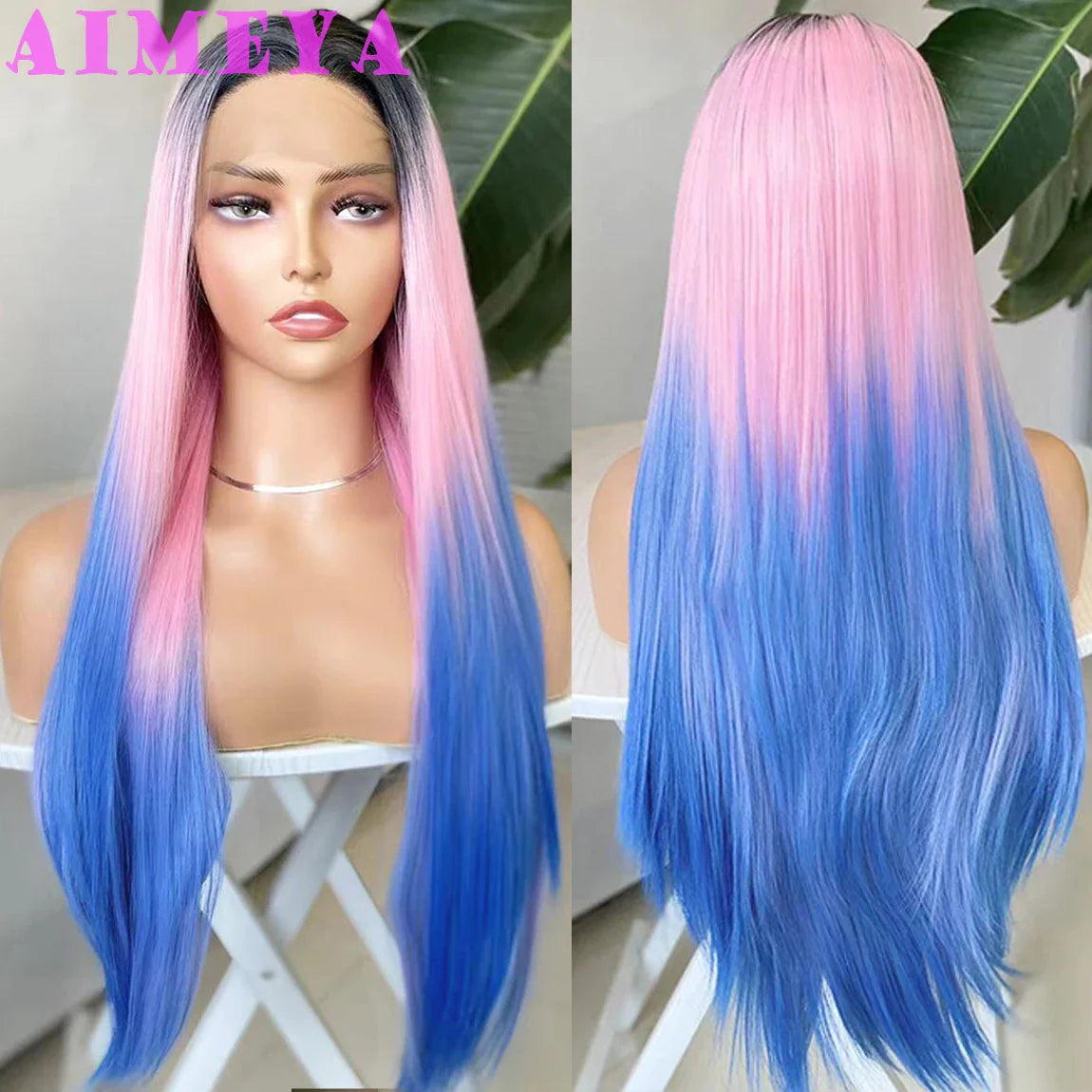 AIMEYA Ombre Purple Synthetic Lace Front Wigs for Women Platinum Blonde Roots Pink Purple Wig Long Silky Straight Colorful Wigs