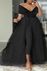 Plus Size Formal Casual One Piece Outfit Solid Off The Shoulder V Neck Tulle Jumpsuit (With Tulle Skirts)