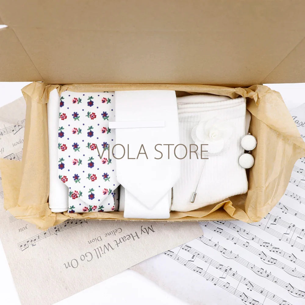 Viola Design Gift Box Hot Solid Floral Cotton Sock Necktie Set Clip Cufflinks Pin Hanky Men Wedding Party Daily Cravat Accessory