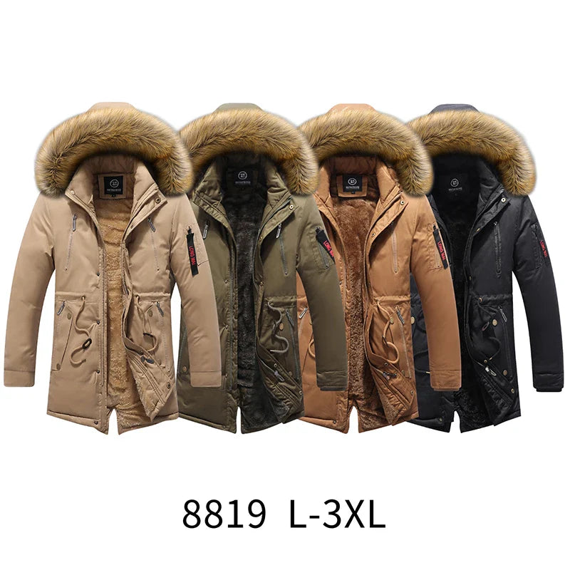 2023 Mens Winter New Windproof Warm Thick Fleece Long Parka Jacket Mens Outwear Fashion Casual Fur Collar Outdoor Hooded Parkas