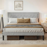 Light Grey Bed Frame with Adjustable Border Headboard King/Queen/Full Size，Bedroom double bed, adult and adolescent bed