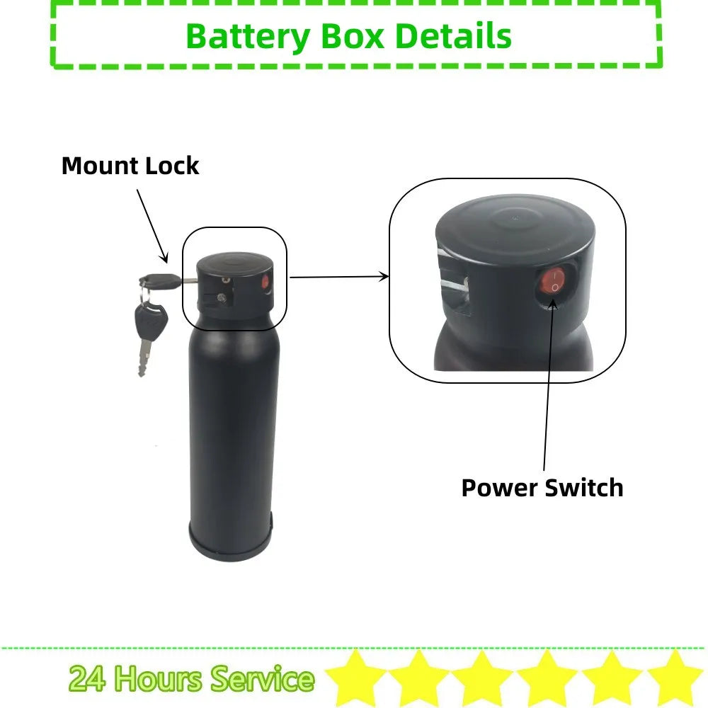 36Volt Water Bottle Dolphin Ebike Battery Box 30 pcs 18650 cells 24V 36V 48VBottle Electric Bike Battery Case with Cells Holder