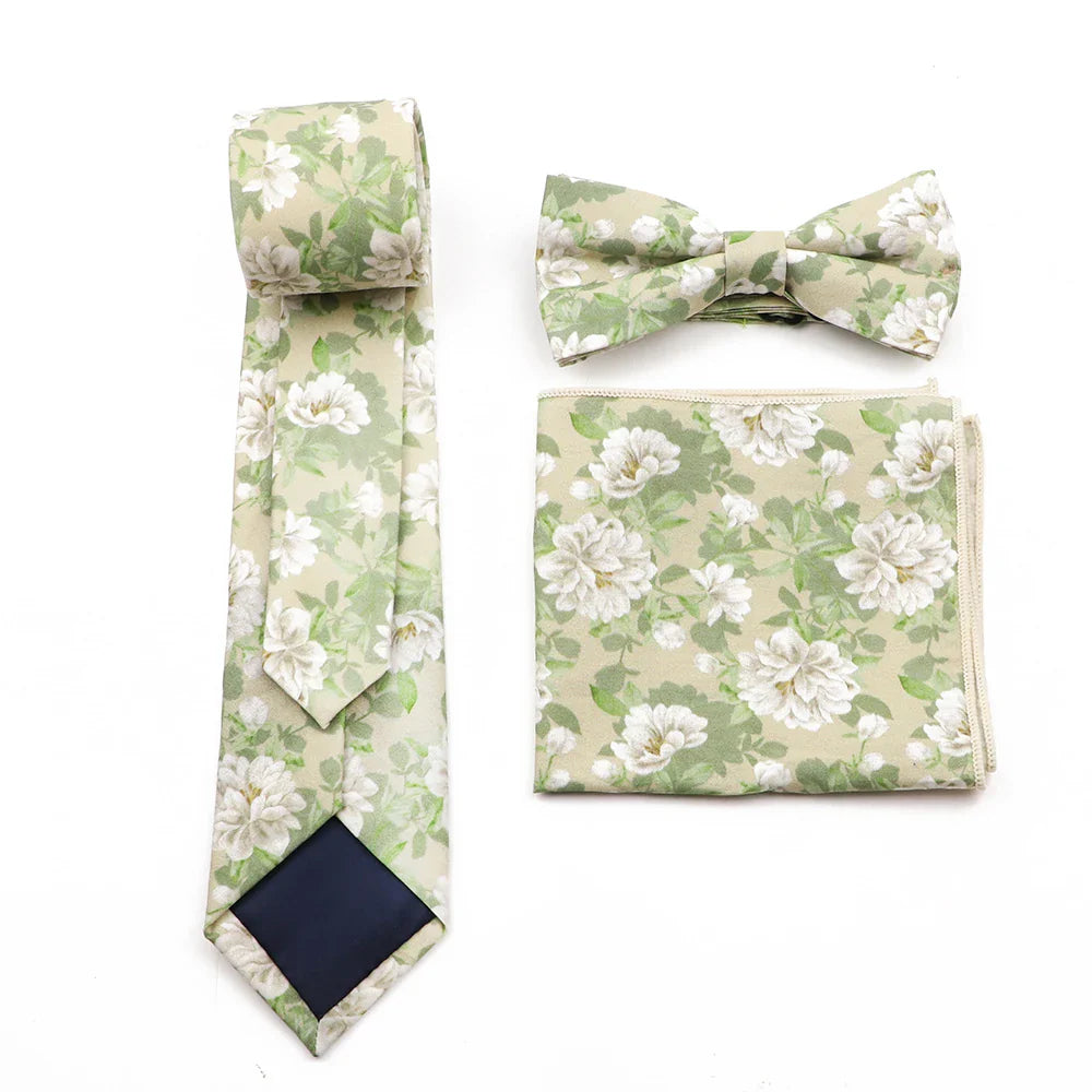 New Men's Floral Cotton Tie Three-Piece Necktie Bowtie Handkerchief Brooch For Groom Suit Wedding Cravat Shirt Accessory