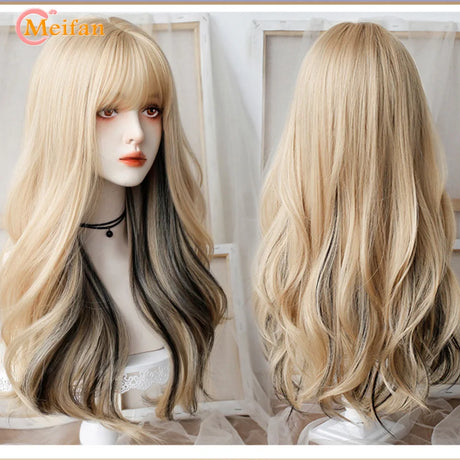 MEIFAN Long Lolita Ombre Harajuku Wig With Bang Red Blue Wave Curly Cosplay Wig Heat Resistant Synthetic Jellyfish Head Wigs