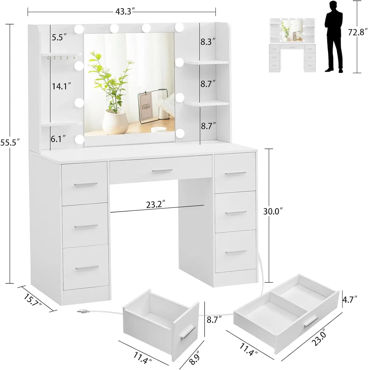 Quimoo Large Vanity Desk with LED Lighted Mirror & Power Outlet,Makeup Vanity Table with 7 Drawers,4 Shelves and 5 Hooks