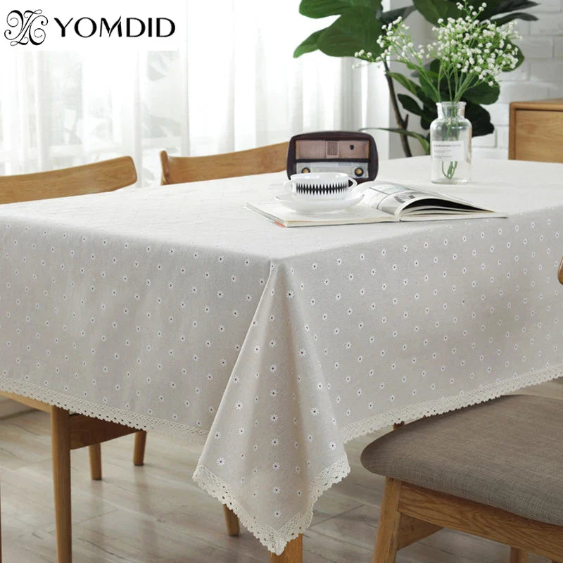 Daisy Flower Pattern Tablecloth Hot Sale Linen and Cotton Lace Edge Rectangular Table Cloth Home Hotel Textile