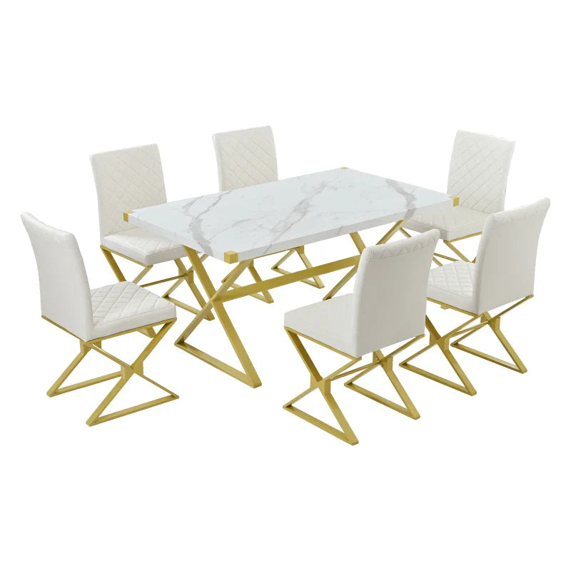 White 7-Piece Modern Dining Table Set, Rectangular Marble Kitchen Table and 6 PU leather Chairs, For indoor restaurant furniture