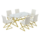 White 7-Piece Modern Dining Table Set, Rectangular Marble Kitchen Table and 6 PU leather Chairs, For indoor restaurant furniture