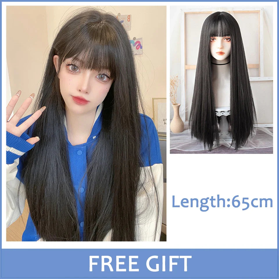 LM Dark Brown Wig Long Wave Wigs for Women Synthetic Hair Wig With Bangs Heat Resistant Party Daily Natural Use