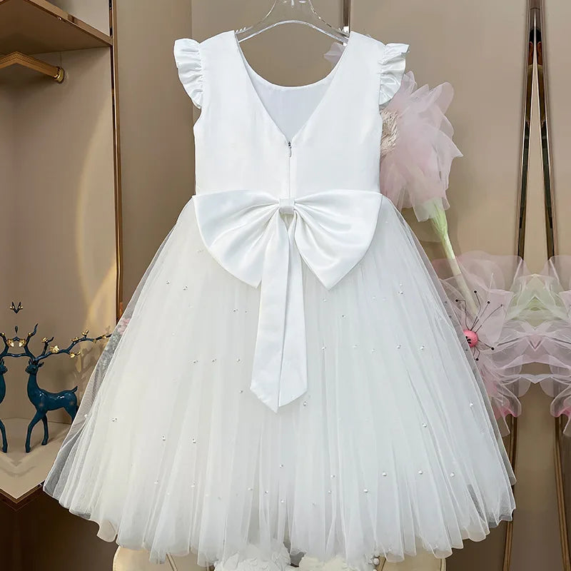 Elegant Short Pink Toddler Flower Girl Dresses Birthday Tulle Sleeveless Bow Pearls Princess Wedding Party Gown for Kids Baby