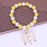 Stylish Stretch Elastic White Yellow Pearl Beads College Group Letter Shield Pendants Philo Bracelets