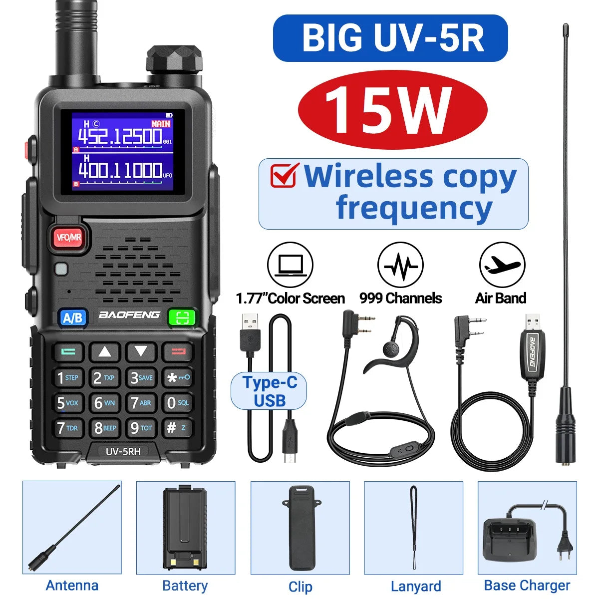 UV-5RH Pro Max 15W Air Band Walkie Talkie Wirless Copy Frequency Tri Power Type-C NOAA Long Range Baofeng 5RM Ham Two Way Radio