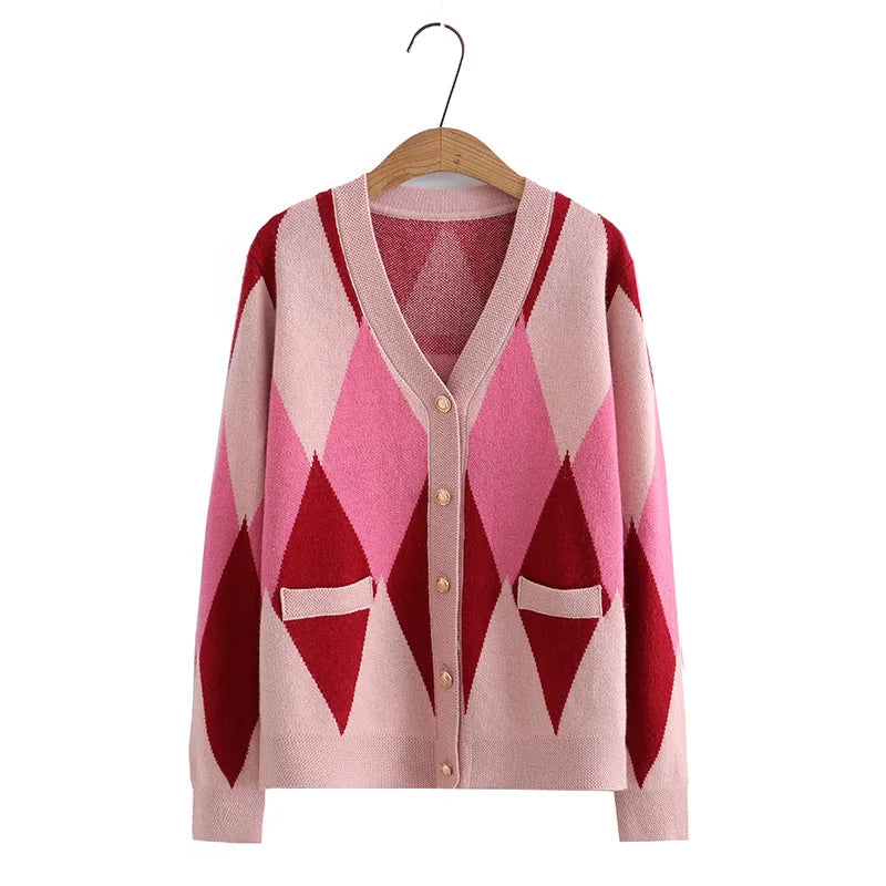 Plus Size Cardigan Women 2023 Spring Design Pocket Large Argyle Jumper V-Neck Long Sleeve Knit Sweater Oversize Curve Clothes