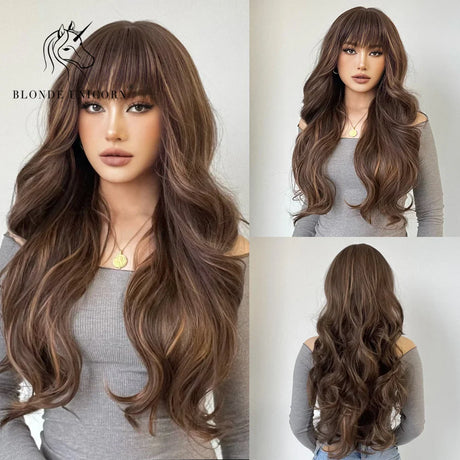 Blonde Unicorn Ombre Brown Blonde Synthetic Wig Long Wavy Wigs with Bangs Daily Cosplay Party Use Heat Resistant Fiber for Women