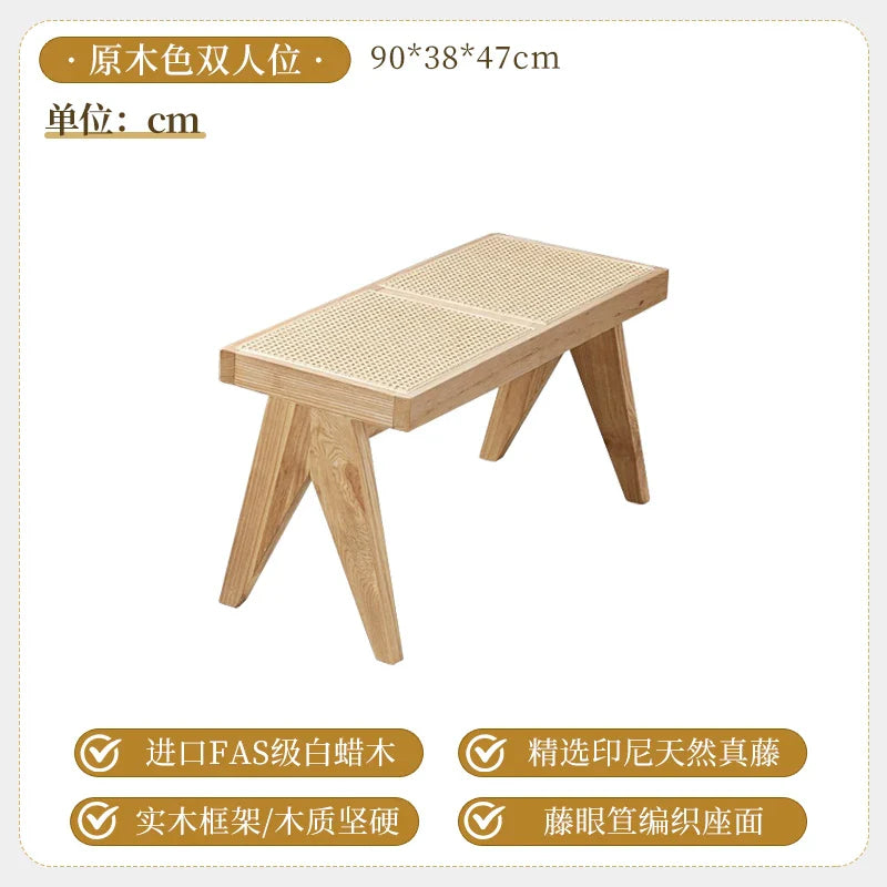 Solid Wood Rattan Home Shoe Changing Stool Modern Nordic Homestay Rattan Chair Simple Tailstock Dining Table Bench