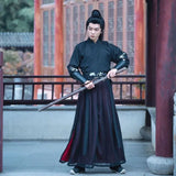 Large Size 4XL Hanfu Men Chinese Traditional Cosplay Costume Halloween Cos Costume Ancient Hanfu Black&Red Shirt+Skirt Sets