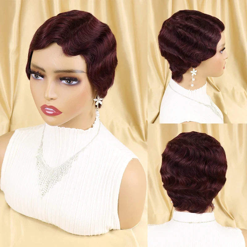 Short Finger Wave Wig Brazilian Human Hair Wig for Black Women Brown Blonde Short Ocean Wave Wig Peruca Burgundy Pixie Cut Wigs