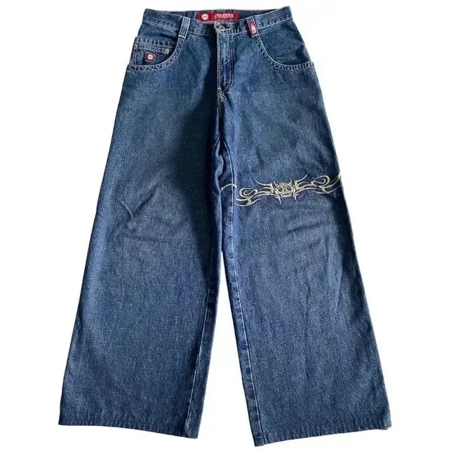 JNCO Jeans Y2K Mens Streetwear Harajuku Hip Hop Retro Skull Embroidered Baggy Jeans New Gothic High Waist Wide Leg Trousers