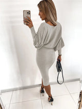 Women Autumn Winter Knitted Party Midi Dress Solid Office Lady Pullover Bodycon Slim Long Sleeve Sexy Sweater Dress