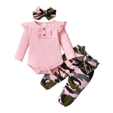 0-18 Months Newborn Baby Girl Clothes Set Infant Girl Long Sleeve Bodysuit + Camouflage Pants + Headband Cotton Clothing Suit