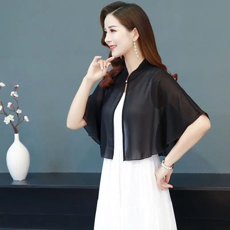 Korean Solid Chiffon Transparent Sunscreen Shawl Female Summer Air Conditioned Blouse Cardigan Neck Guard Cloak Silk Scarf R13