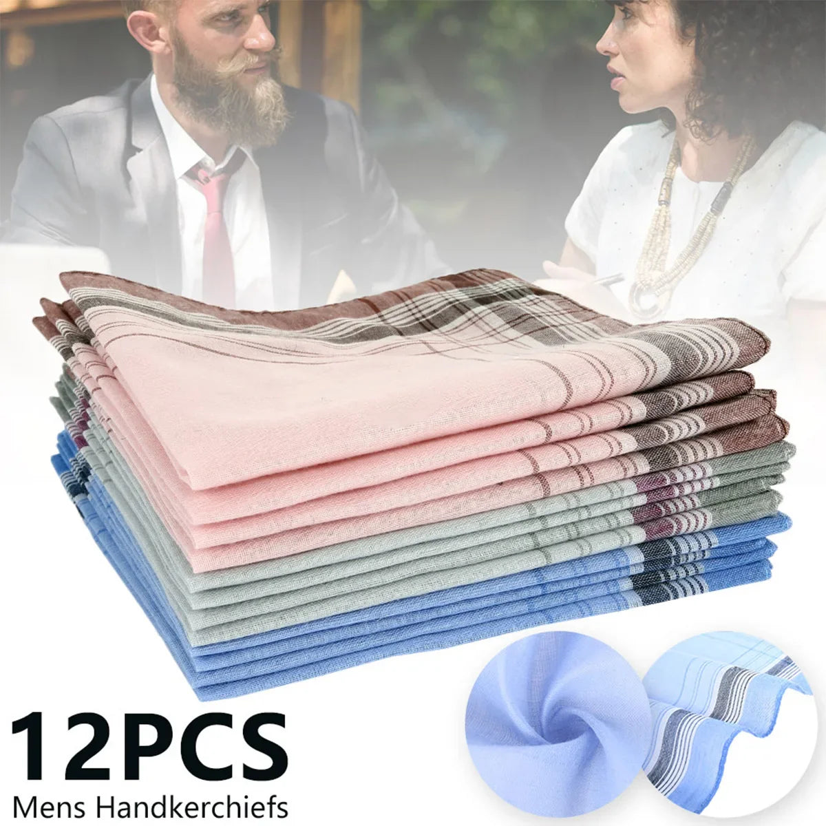 12Pcs 38*38cm Square Plaid Stripe Handkerchiefs Men Classic Vintage Pocket Pocket Pure Cotton Towel For Wedding Party Supplies