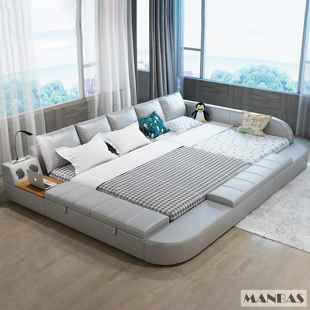 Linlamlim Multifunctional Genuine Leather Parent-child Bed with Bluetooth Audio and Lamp / Tech Smart Beds Tatami Ultimate Camas