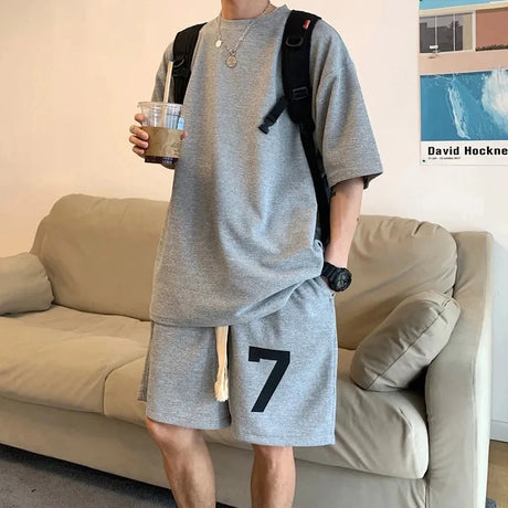 Oversized Loose Jogging Waffle Casual Suit Men Loose Korean Short-sleeve tshirt + Sports Shorts Summer Men Letter Print 2pcs Set