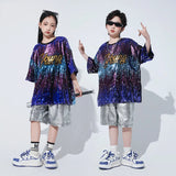 Kids Hip Hop Clothing Sequined T Shirt Loose Silver Shorts Pants for Girls Boys Street Jazz Dance Costumes Performance Outfits