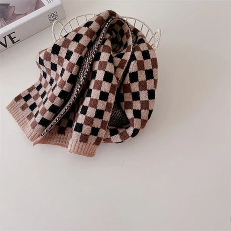 deer jonmi Korean Style New Winter Children Knitted Scarves Plaid Printed Retro All-match Toddlers Kids Warm Shawl