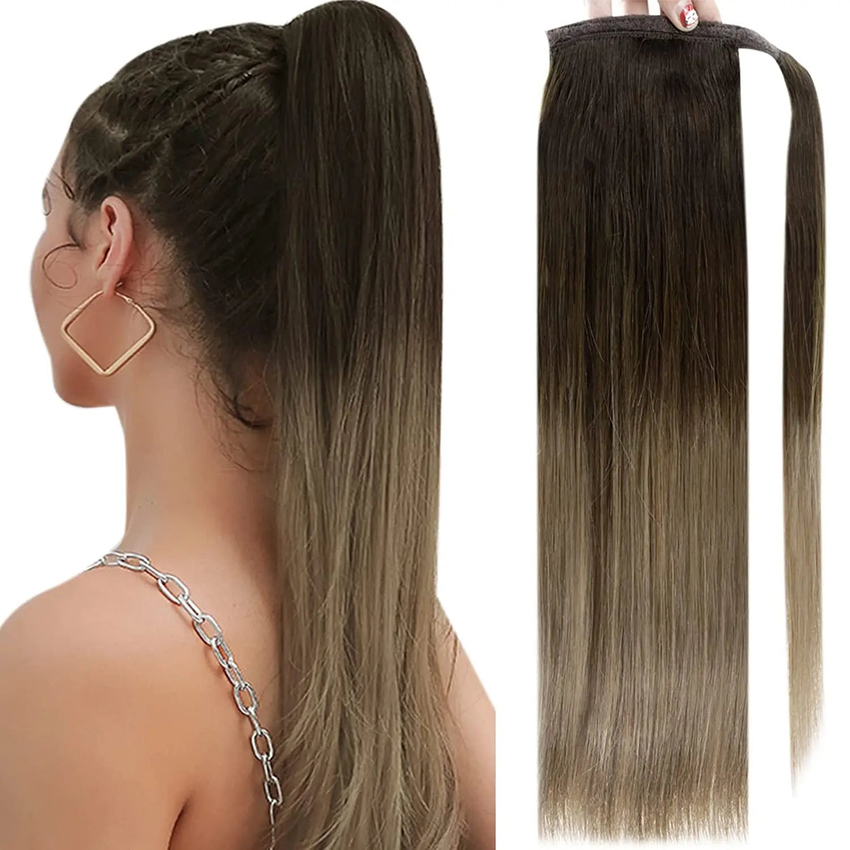 Real Beauty Straight Human Hair Magic Tie Ponytail 100% Remy Human Hair Wrap Around Ponytails Extension for Black Women