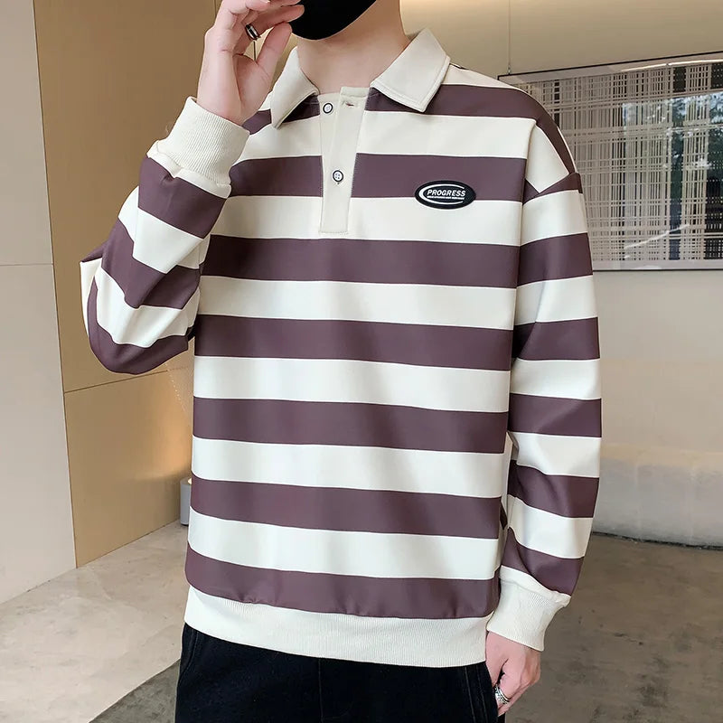 Commute Basic Striped T-shirts Spring Autumn Polo-Neck Button Men's Clothing Long Sleeve Korean Patch Designs Loose Polo Shirts