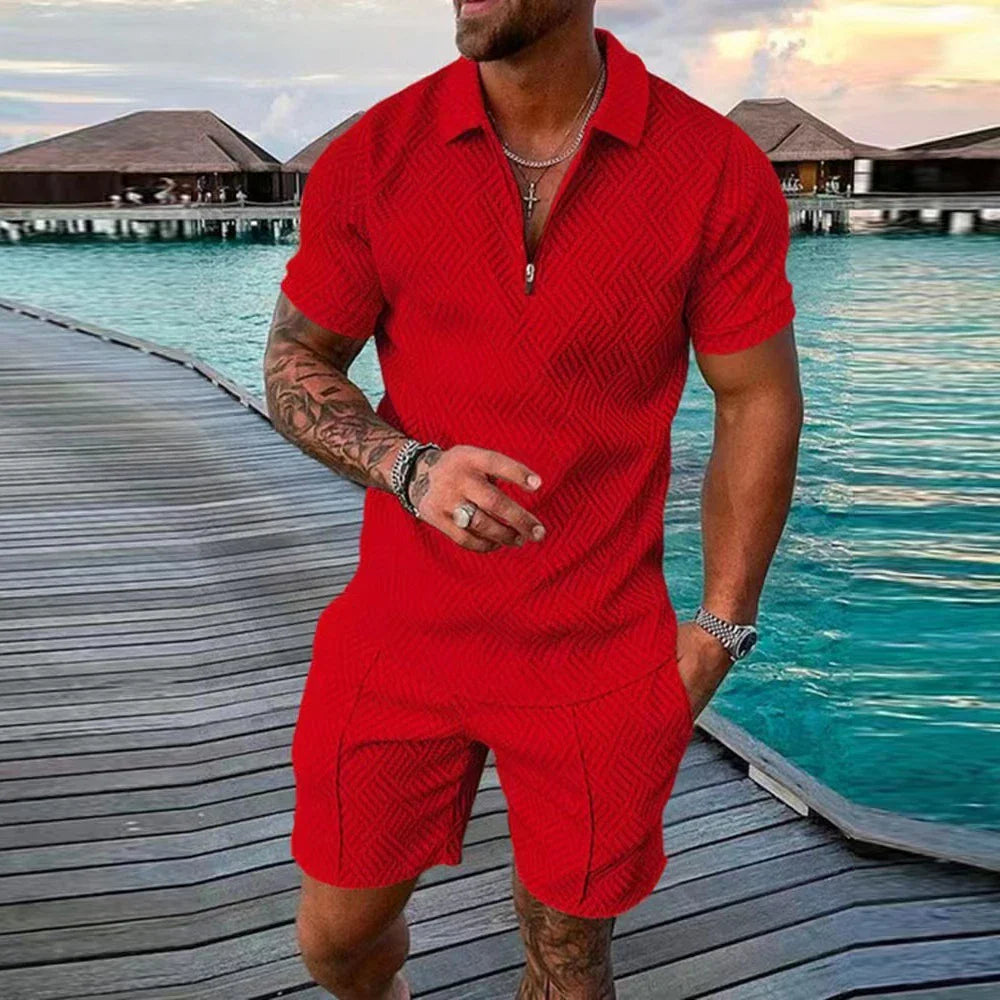 Men's Athletic T-Shirt Set Casual Lapel Short Sleeve Pullover Zip Up T-shirt Shorts 2-Piece Sets Men's Solid Sporty Suits