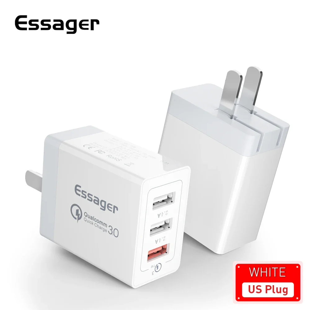 Essager 30W USB Charger Quick Charge 3.0 For iPhone 14 Samsung Xiaomi 3 Port Multi Plug Wall Mobile Phone Fast Charging