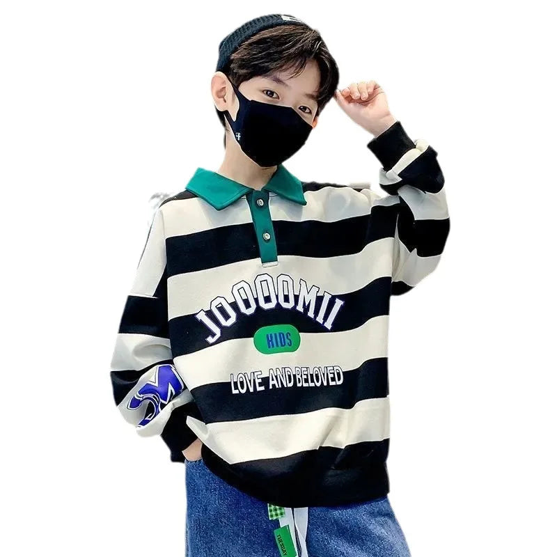 Spring Autumn Boys Cotton Contrast Striped Alphabet Turtleneck Sweatshirt School Kids Track Pullover Tops Child Jumper 7-16 Yrs