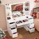 Quimoo Large Vanity Desk with LED Lighted Mirror & Power Outlet,Makeup Vanity Table with 7 Drawers,4 Shelves and 5 Hooks