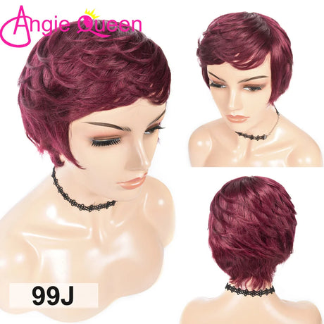 99J Burgundy Short Pixie Cut Wigs with Bangs Red Color Short Wave Human Hair Wigs For Black Women Brazilian Virgin Hair Glueless