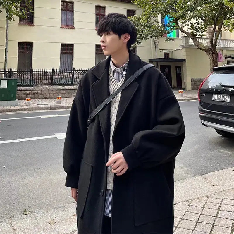 Winter trendy brand single-breasted mid-length woolen coat for men loose thickened warm windbreaker Korean style trendy for men