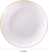 Nervure 100Pieces White with Gold Rim Plastic Plates - 7.5inch Disposable Gold Salad/Dessert Plates - White and Gold Plastic Pla