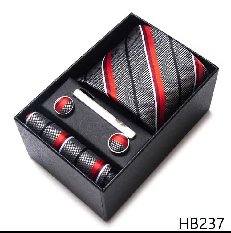 Luxurious Dropshipping 8 cm Birthday Gift Silk Tie Hanky Pocket Squares Cufflink Set Tie Clip Necktie Box Geometric