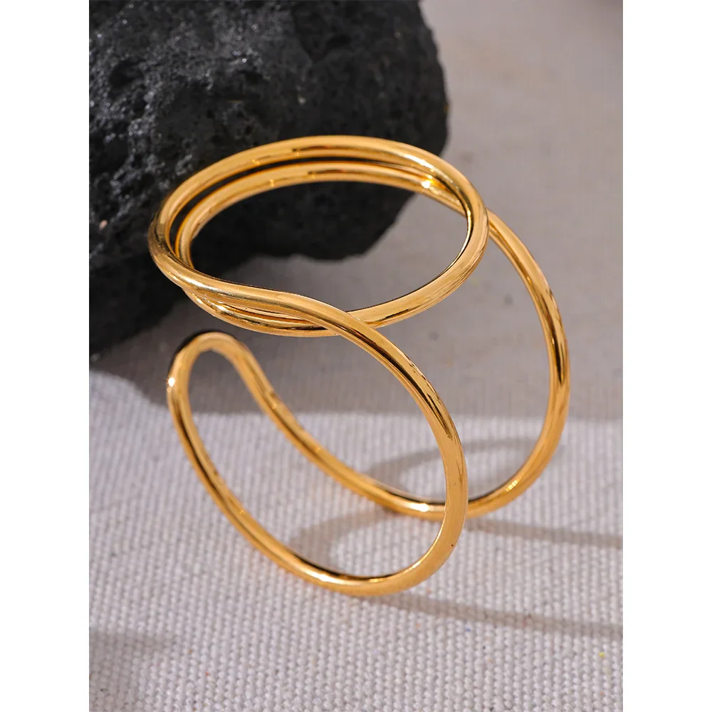 Yhpup Waterproof 316l Stainless Steel Geometric Exaggerated Big Cuff Bracelet Bangle Stylish Unique Design Golden Charm Jewelry