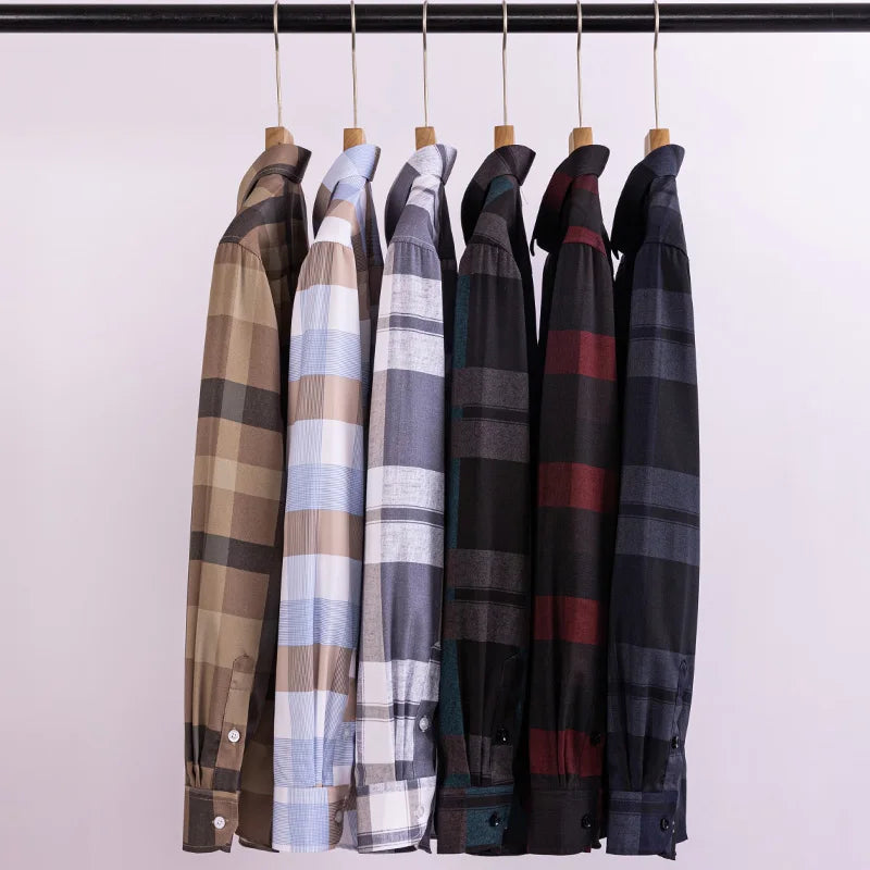 Men's Fashion Shirts Casual Slim Plaid Striped Men Clothing Business Social New Button Young And Middle-Aged Formal Long-Sleeved