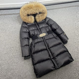 Janveny Large Real Raccoon Fur Hooded Shiny Waterproof Long Puffer Jacket Women's Winter Thick Duck Down Coat Female Parkas Belt