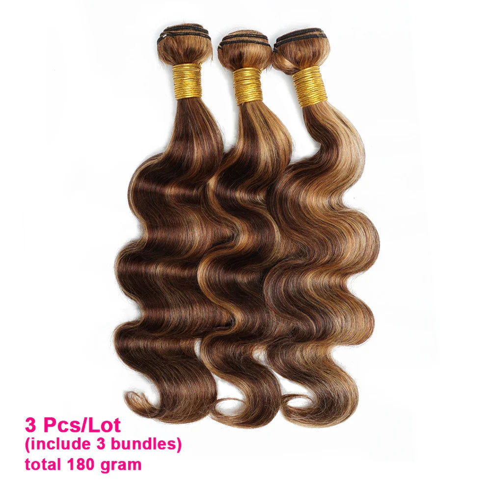 Body Wave Highlight P4/27 Human Hair Bundles 60Gram 10 to 22 Inch Pre-colored Brown Blonde Peruvian Hair Extensions 1/3/5/7Pcs