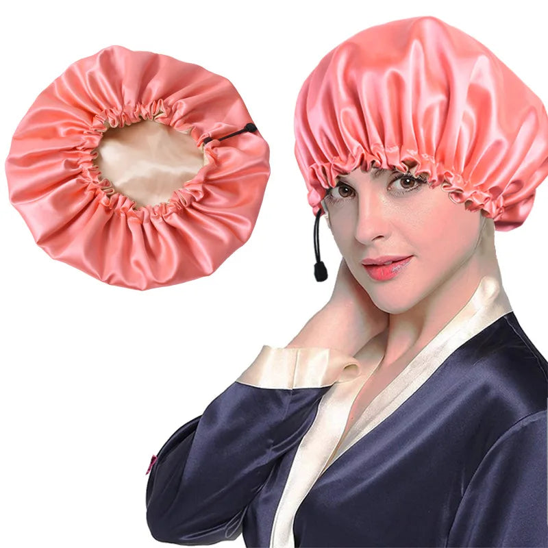 Ladies Satin Nightcap Solid Color Simple Drawstring Adjustable Hair Care Bandana Double Sided Shower Cap Chemo Head Cover